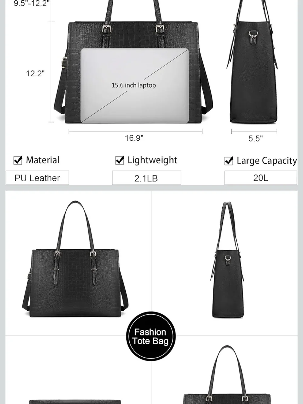 Black Croc-Embossed Tote Bag with Gold Hardware